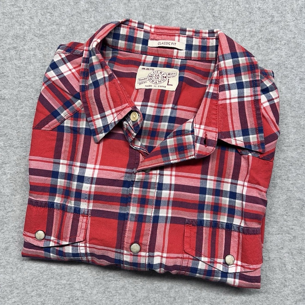 Lucky Brand Western Shirt Pearl Snap Red Plaid Cotton‎ Short Sleeve Button Up L
